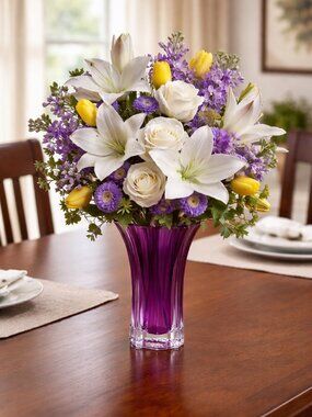 Vera Wang Purple Glass Vase with Ribbed Flared Body and Ruffled Square Edge